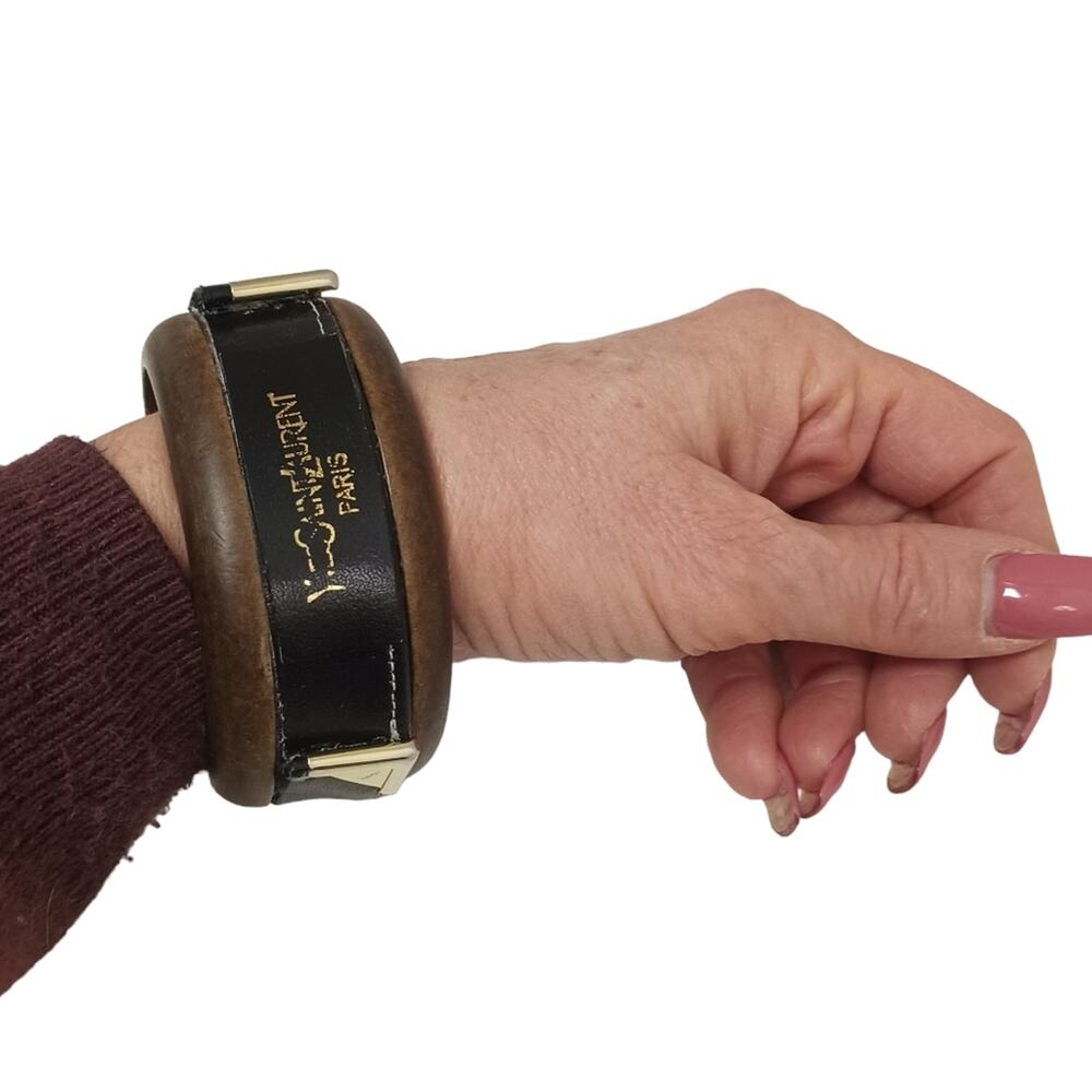 Yves Saint Laurent Vintage Bracelet Distressed Black Leather on Wood Artisan Y2K